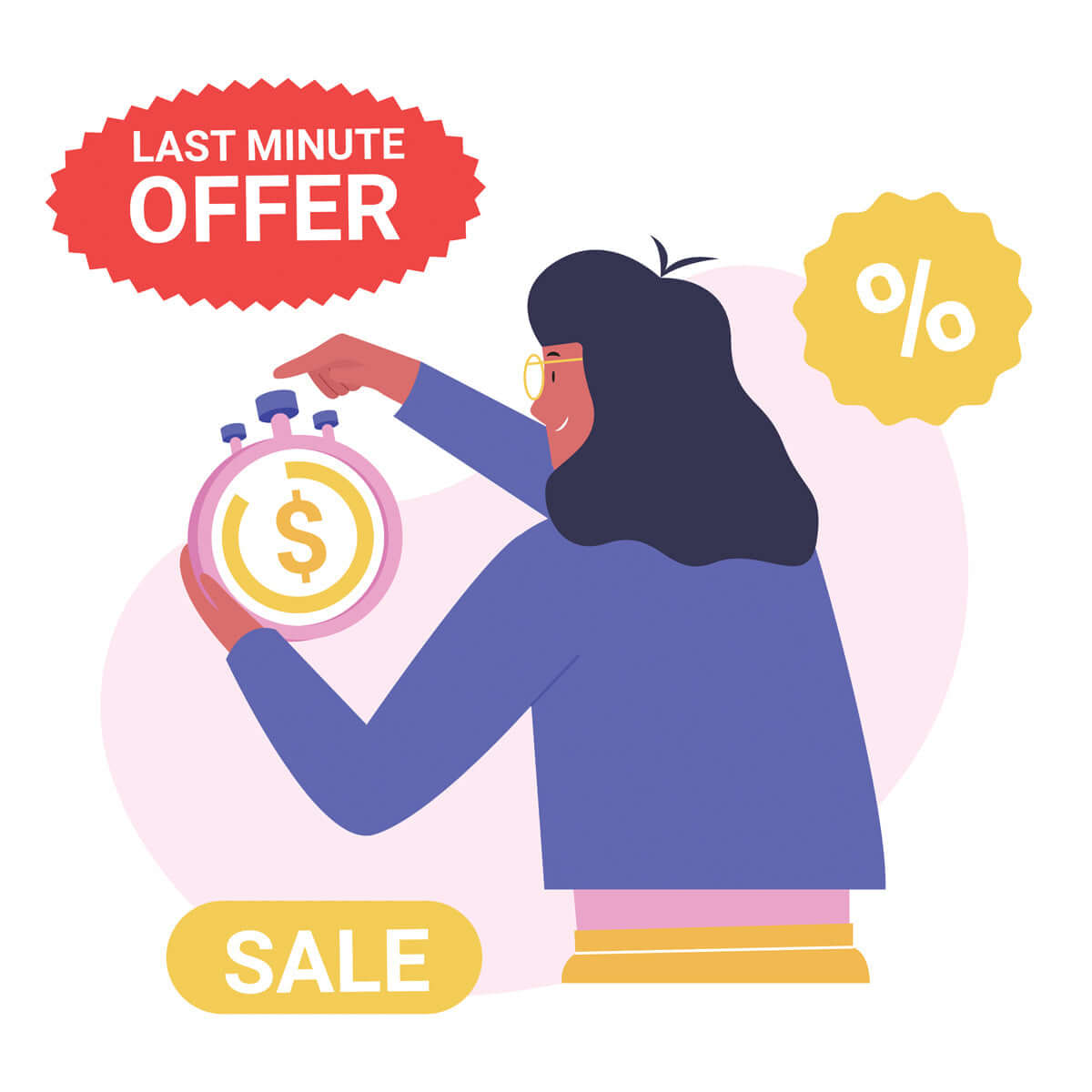 Woman holding a stopwatch with dollar sign in a Last Minute Offer sale advertisement featuring discount symbol.