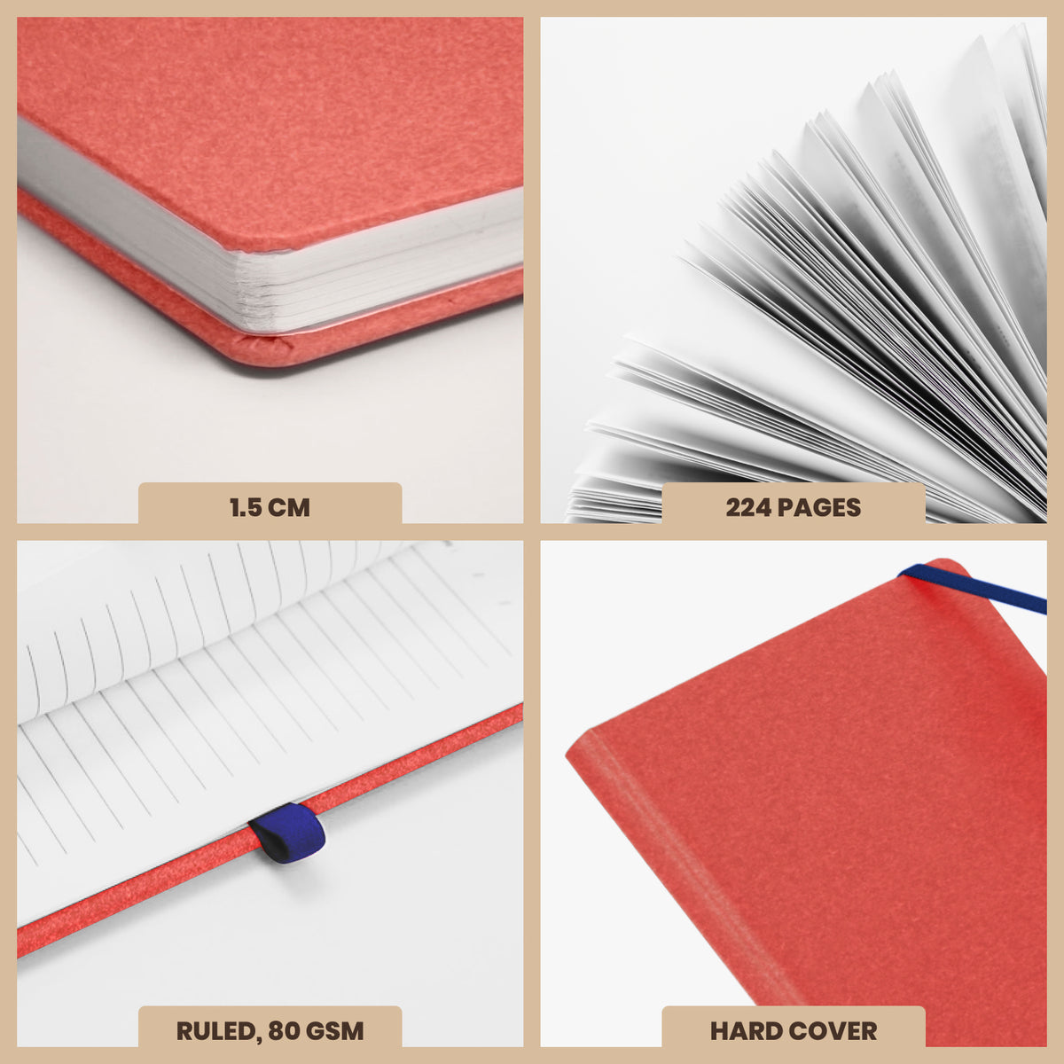 A5 Archive Ruled Paper Journal Notebook, 224 Pages (Red)