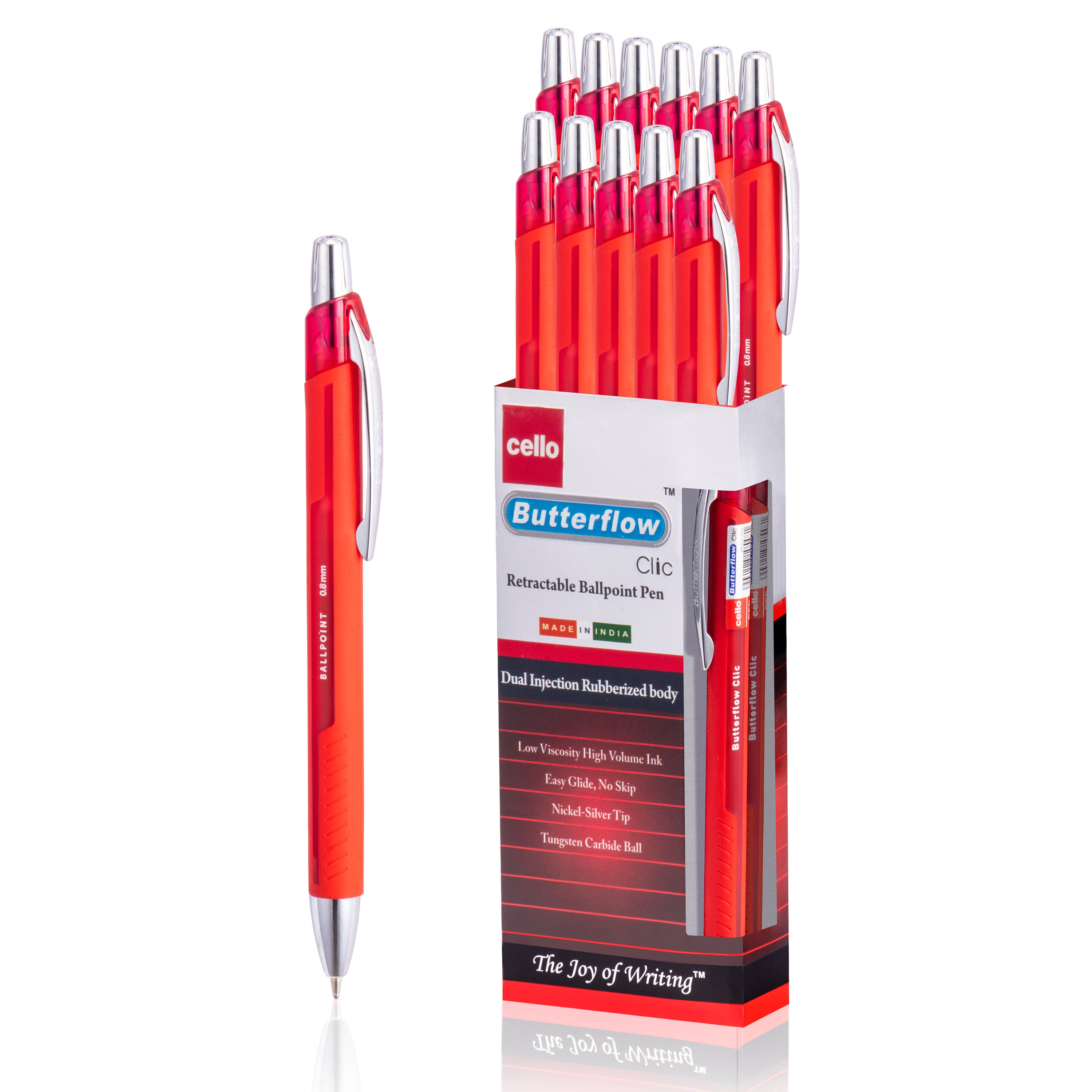 Butterflow Clic Retractable Ball Pens (0.8MM) – Black, Blue & Red – Pack of 12