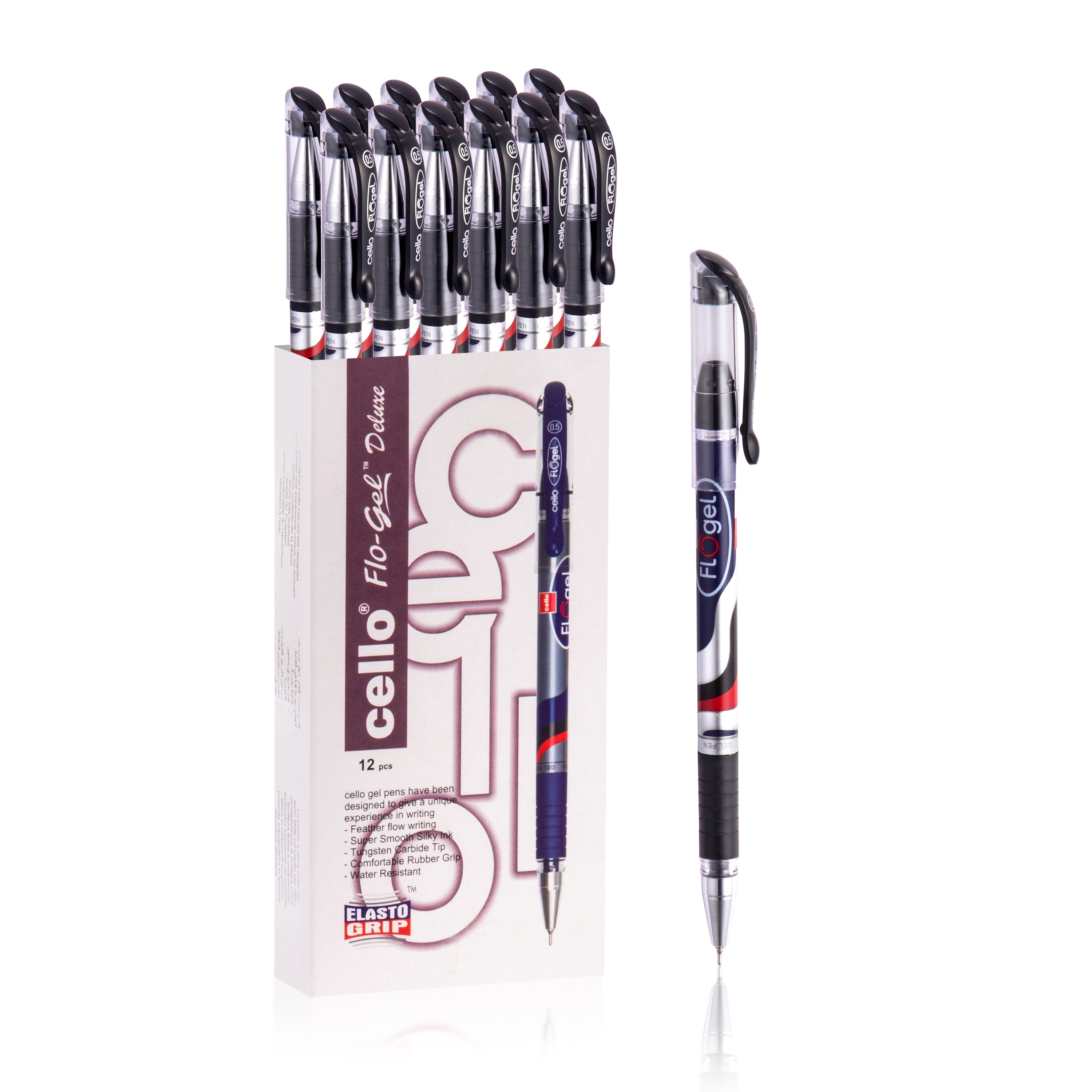 Cello Flo-Gel Gel Pens – 0.5MM – Black and Blue Ink – Pack of 12