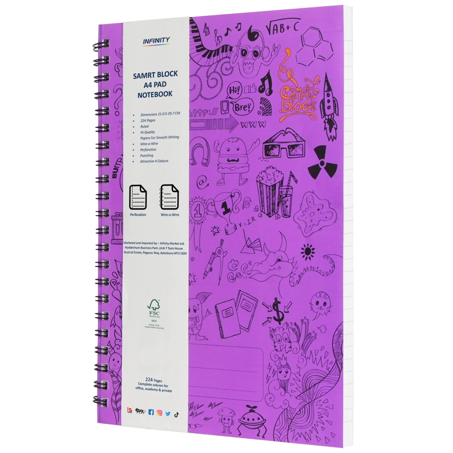 A4 Smart Block Lined Spiral Journal Notebook, 224 Pages (Purple)