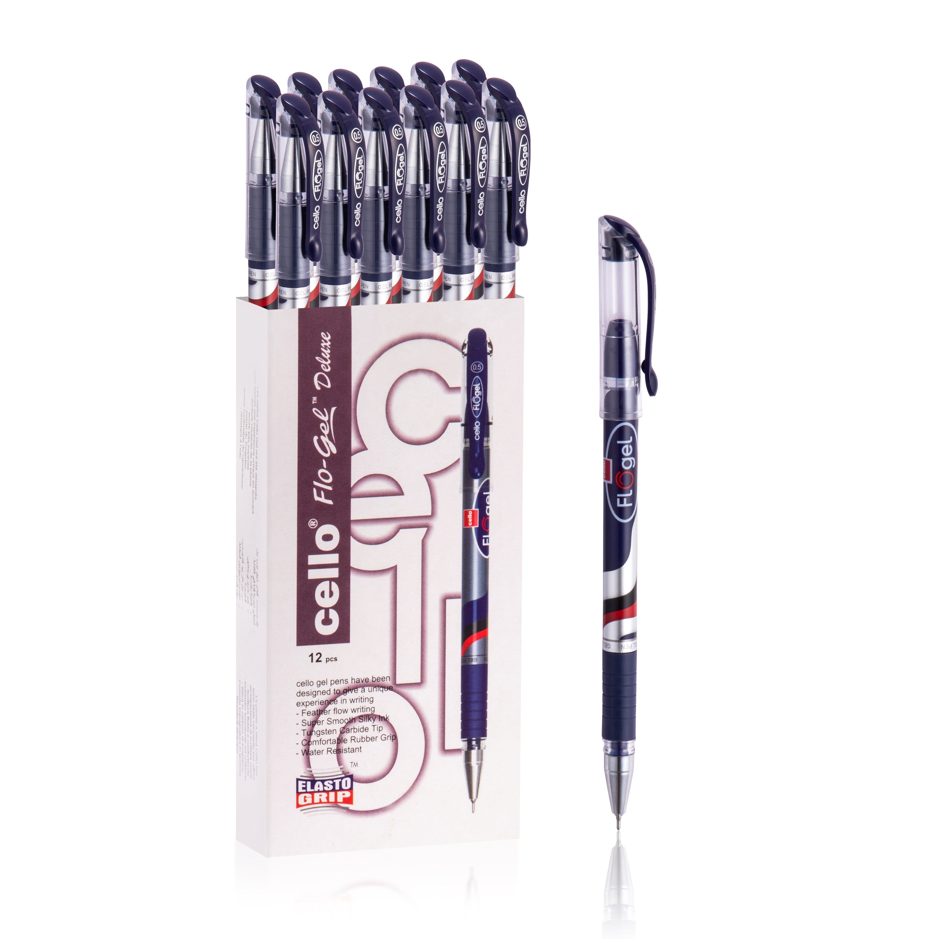 Cello Flo-Gel Gel Pens – 0.5MM – Black and Blue Ink – Pack of 12