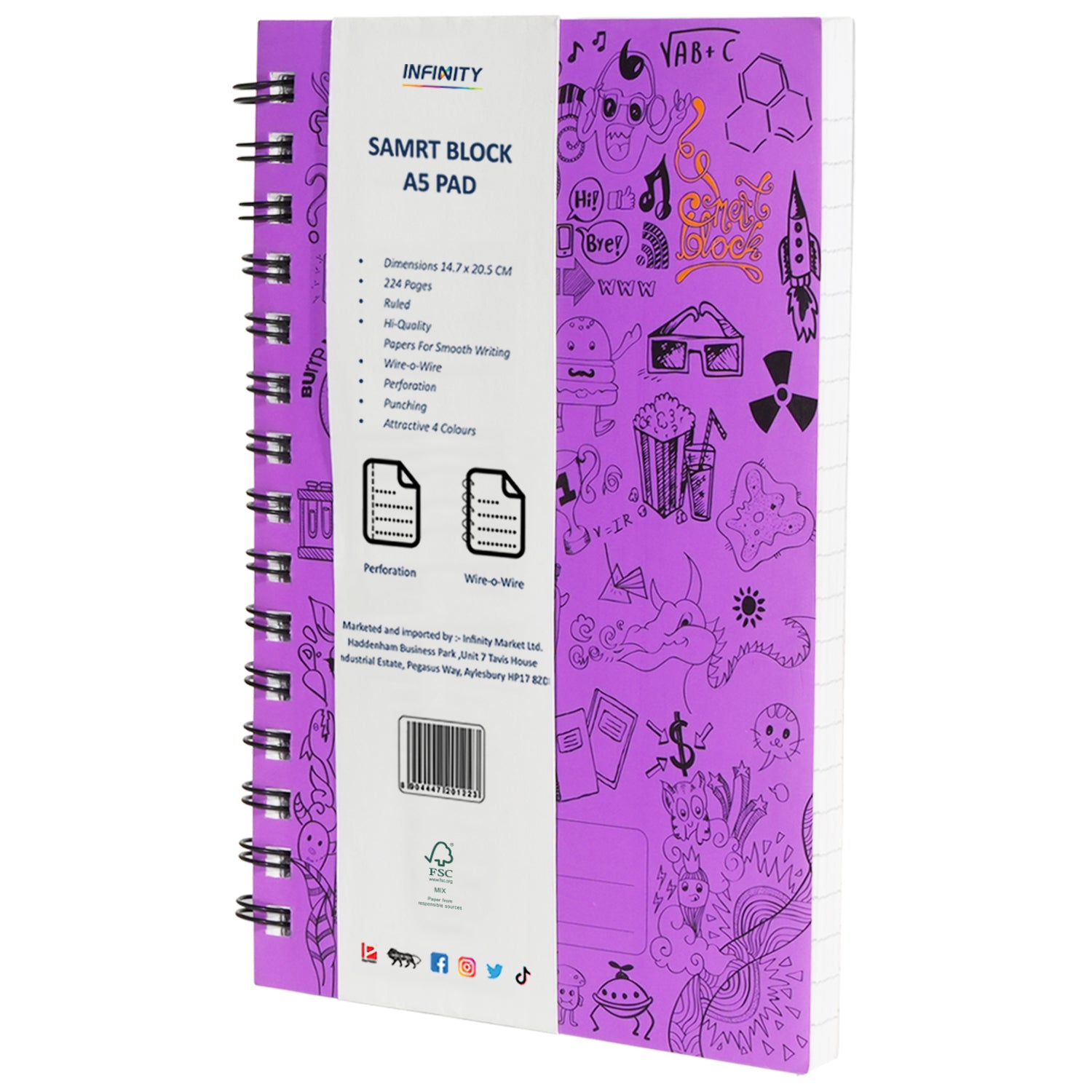 A4 Smart Block Lined Spiral Journal Notebook, 224 Pages (Purple)