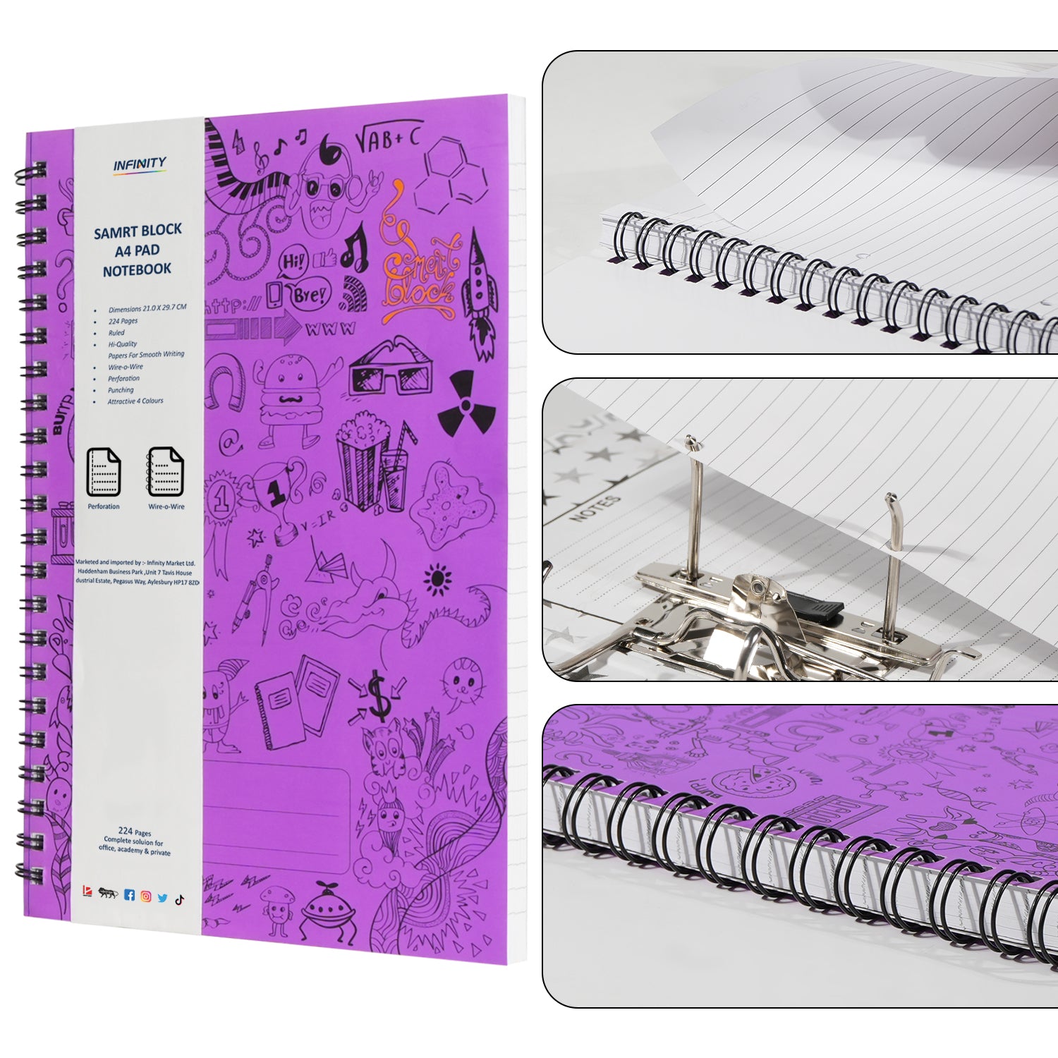 A4 Smart Block Lined Spiral Journal Notebook, 224 Pages (Purple)