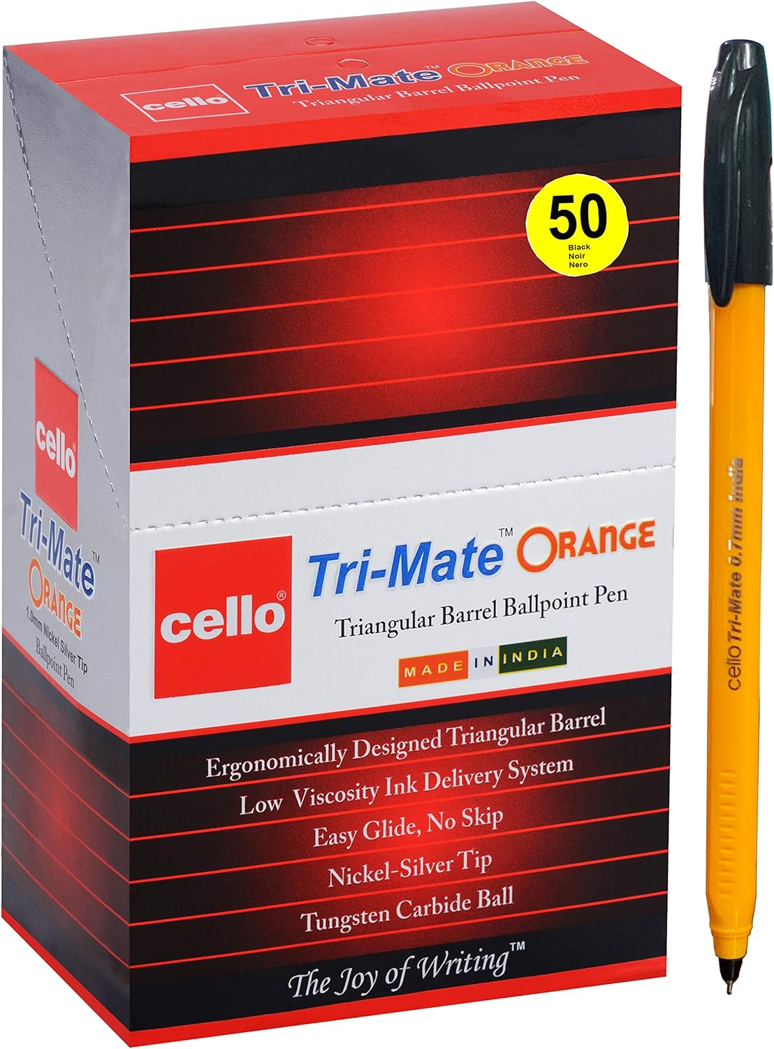 Cello Tri-Mate Orange Ballpoint Pens 0.7 mm, Pack of 50 with Triangular Barrel and Smooth Ink Delivery System