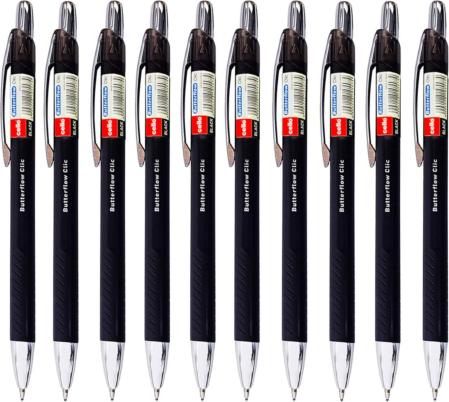 Butterflow Clic Retractable Ball Pens (0.8MM) – Black, Blue & Red – Pack of 12