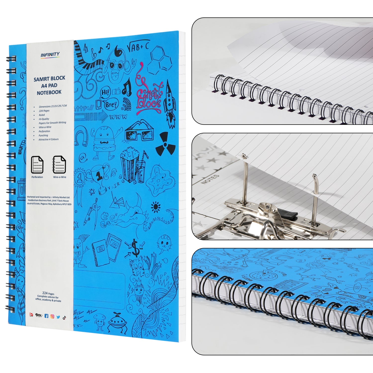 Smart Block Lined Spiral Journal Notebook, 224 Pages (Blue)