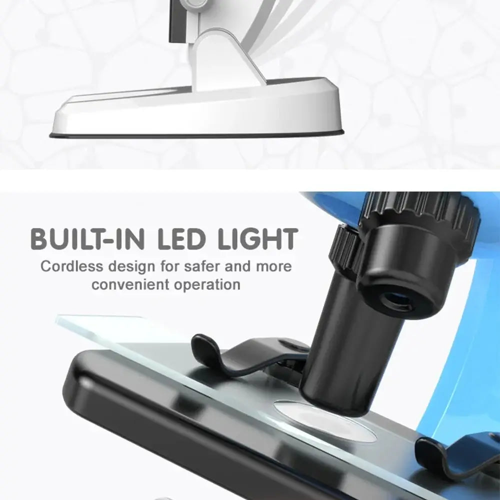 Mini Microscope Toy with built-in LED light, cordless design for kids' safe hands-on exploration and education.