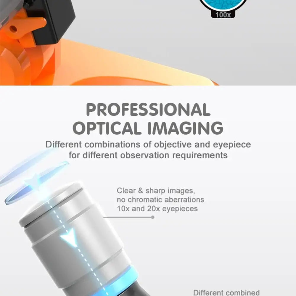 Close-up of a microscope's objective lens and eyepiece highlighting professional optical imaging with text about clear and sharp images.