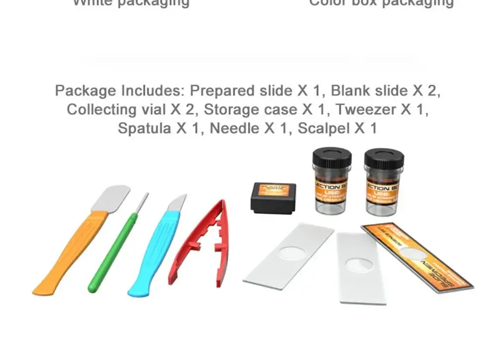 Microscope toy lab kit accessories including slides, tweezers, spatula, vial, and scalpel for kids' educational science exploration