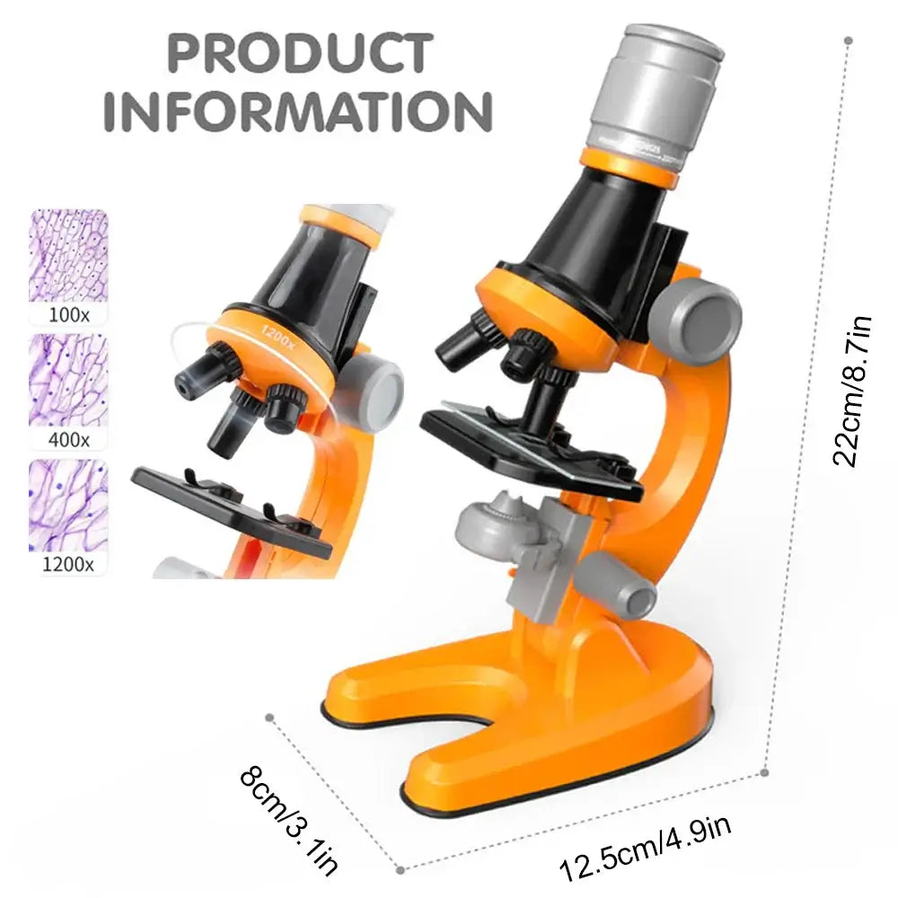 Orange mini microscope toy with 1200x magnification, ideal educational gift for kids aged 12+, encourages scientific exploration.