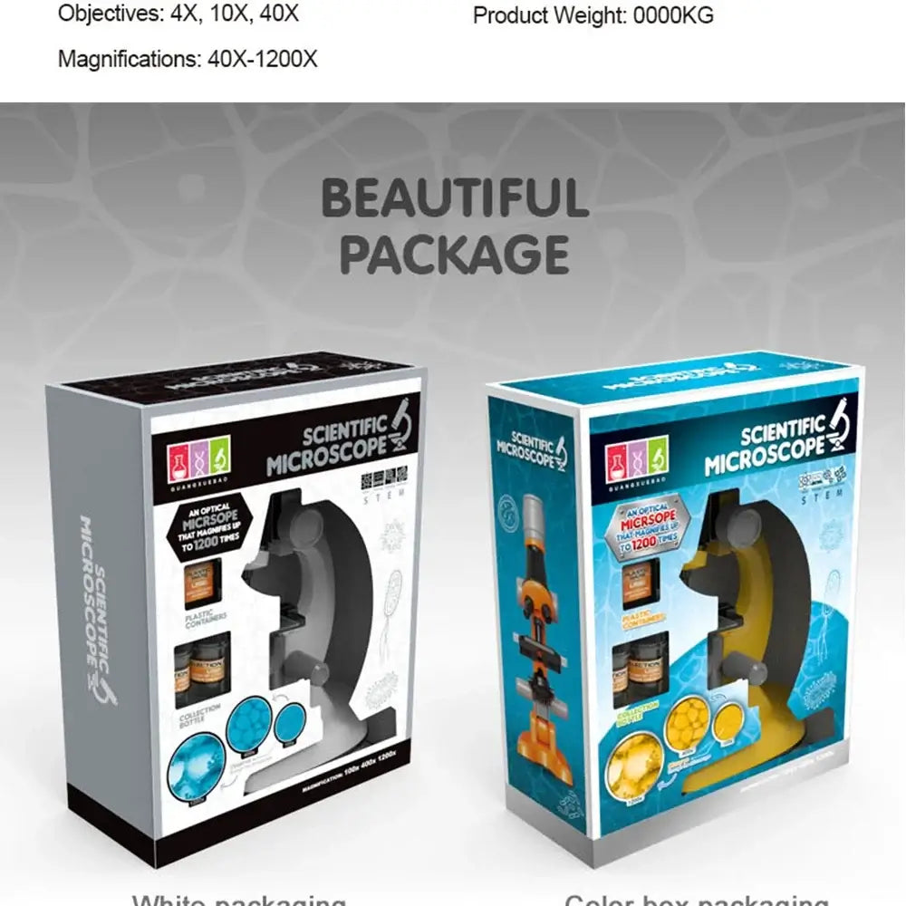 Mini Microscope Toy packaging in white and color boxes, featuring 1200x magnification for educational science exploration.