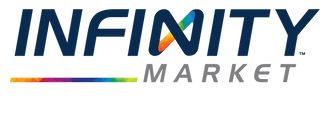 Infinity Market logo featuring blue text and a colorful graphic element underlined by a rainbow spectrum bar.