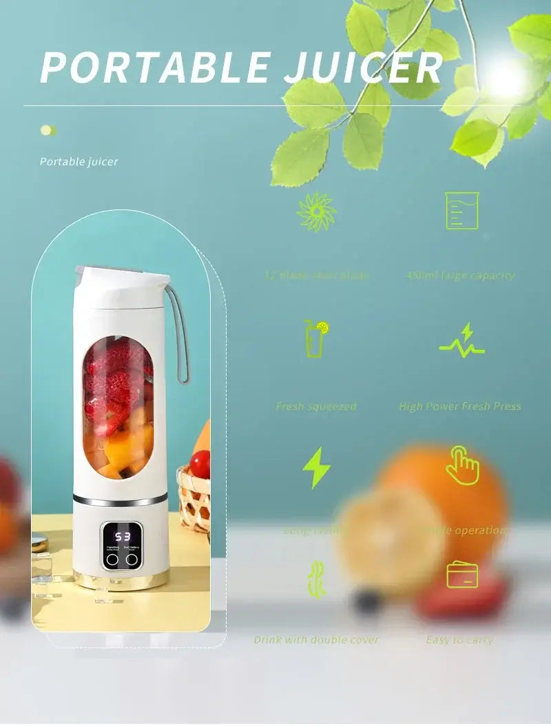 Electric mini portable juicer blender for fresh fruit smoothies with 8-blade system and powerful motor.
