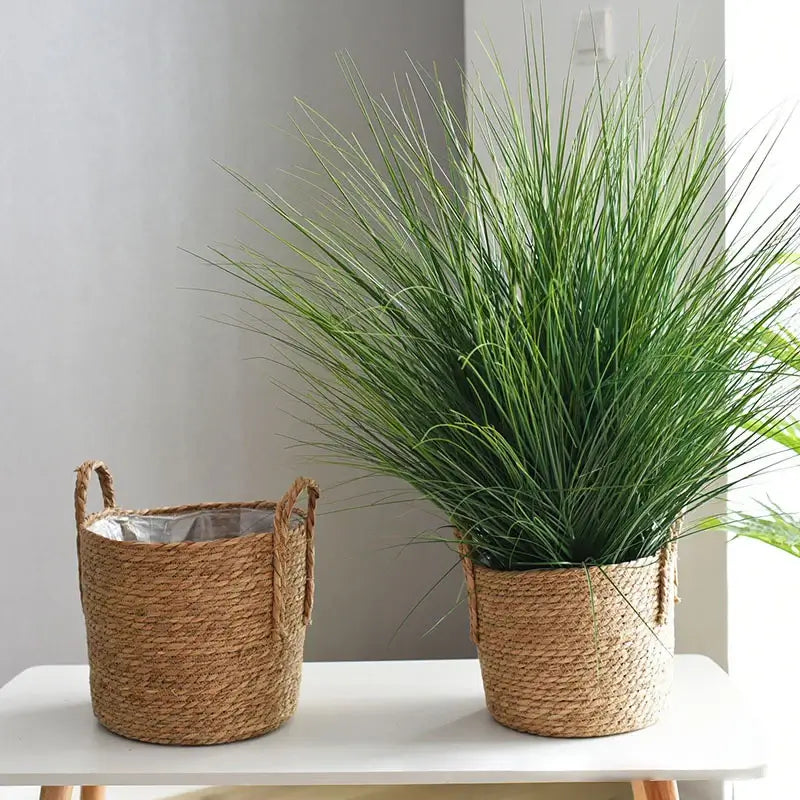 Nordic handmade straw woven flower pot and planter basket, ideal for green plants and storage, showcasing natural plant fiber design.