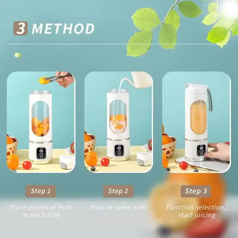 Steps to use mini portable electric juicer for making fresh juice with fruit pieces and milk.