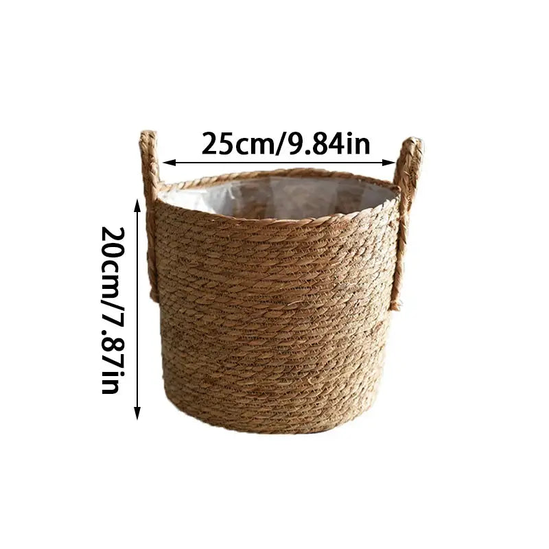 Nordic handmade straw woven flower pot with handles, creative countryside style, size 25x20cm, for plants or storage.