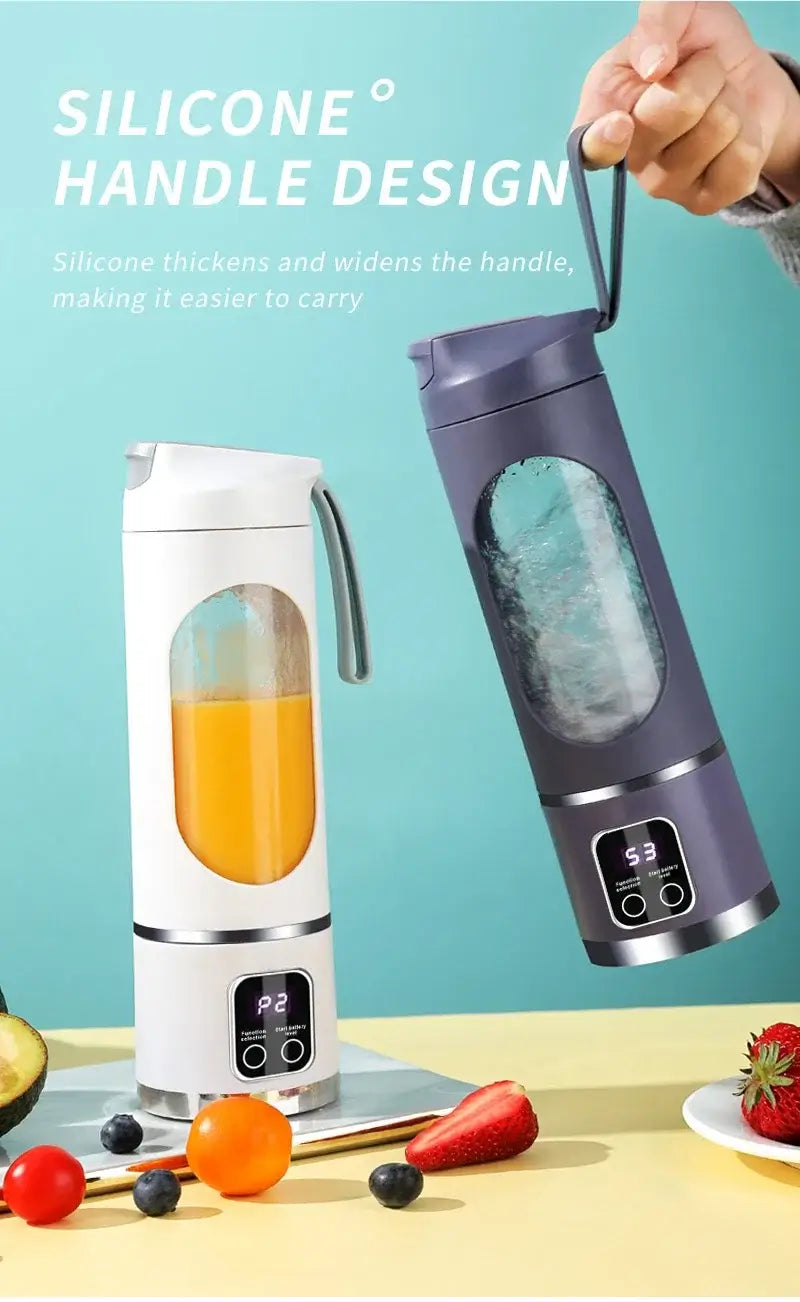 "Mini portable electric juicer blender with silicone handle design, ideal for smoothies and fresh juice extraction."