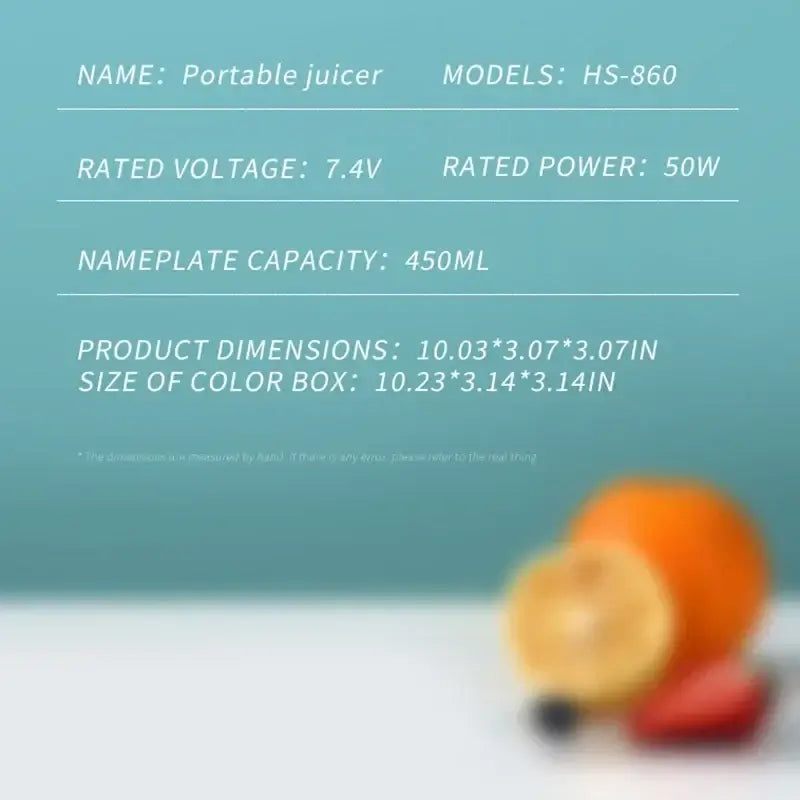 "Portable juicer specifications with fruit in the foreground"