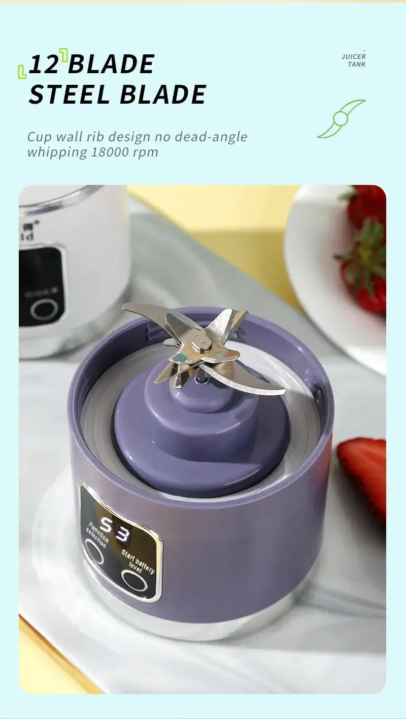 Portable blender base with 12-blade steel system, showcasing powerful design for effective fruit mixing and juice extraction.