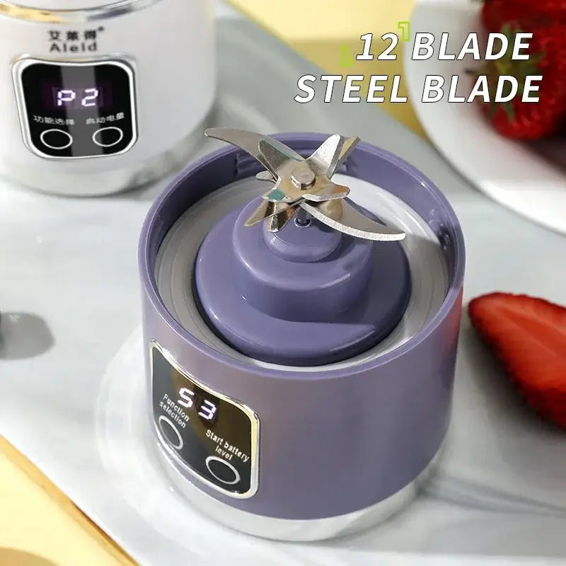 "Electric mini portable blender with 12-blade steel system for fruit juicing and smoothies"
