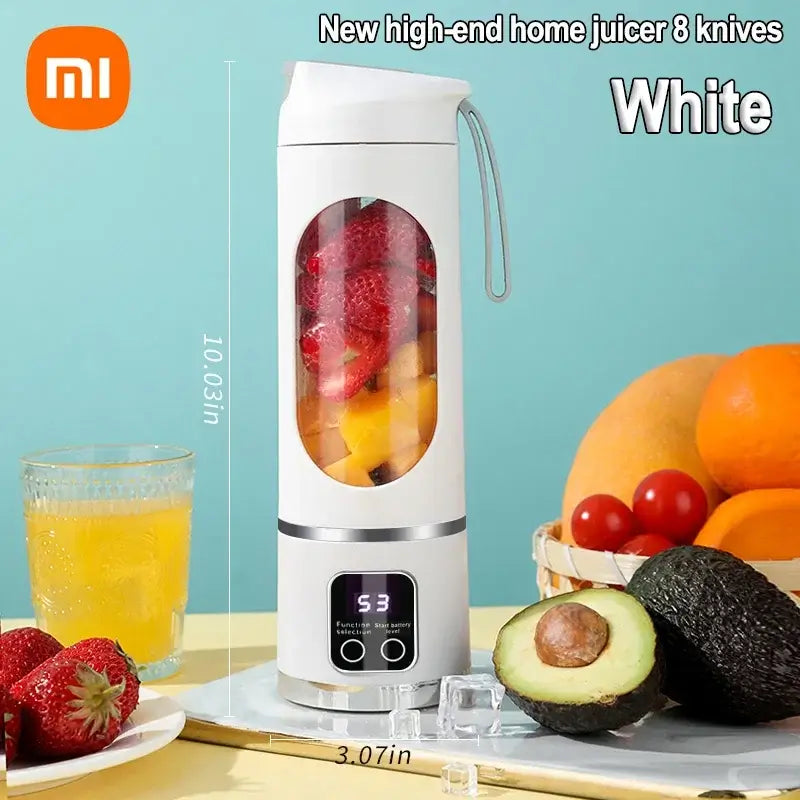 Mini portable electric juicer with digital display, surrounded by fresh fruits, perfect for making smoothies.