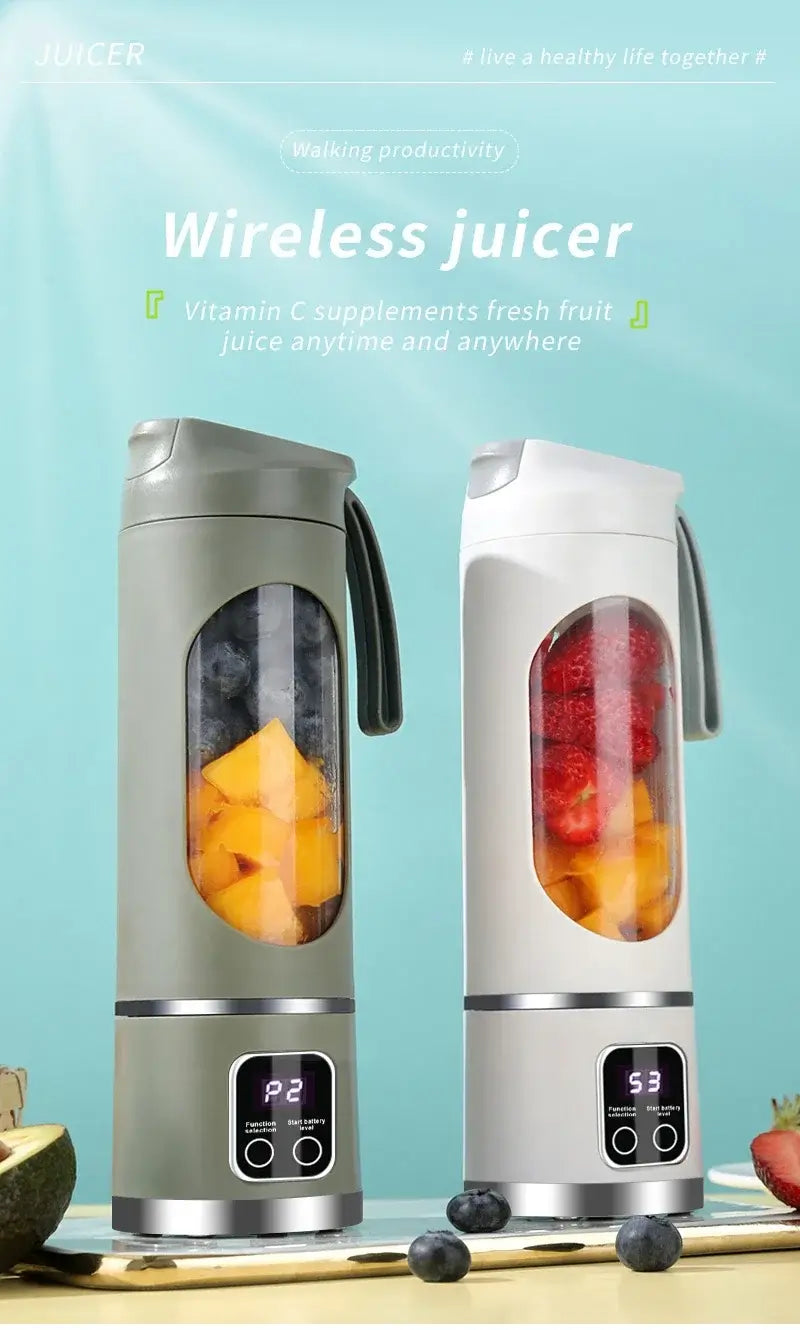 Wireless juicer featuring fruit-filled blending jars on a blue background for fresh vitamin C supplements anytime.