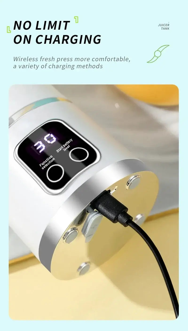 Wireless portable blender with digital display and charging cable for multifunction juicing and smoothie making.