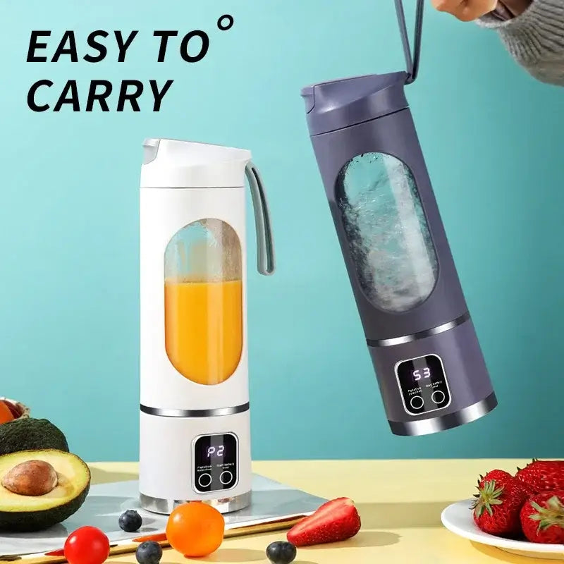 Mini portable electric juicer and blender in white and gray, showcasing fresh juice and easy portability for smoothies and fruit extracts.