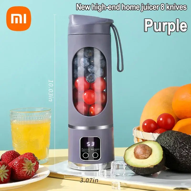 Purple mini electric juicer with 8-blade system for quick fruit smoothies, featuring fresh fruits and a compact design.