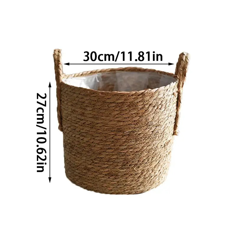 Nordic handmade straw woven flower pot basket with handles, measuring 30cm in diameter and 27cm in height.