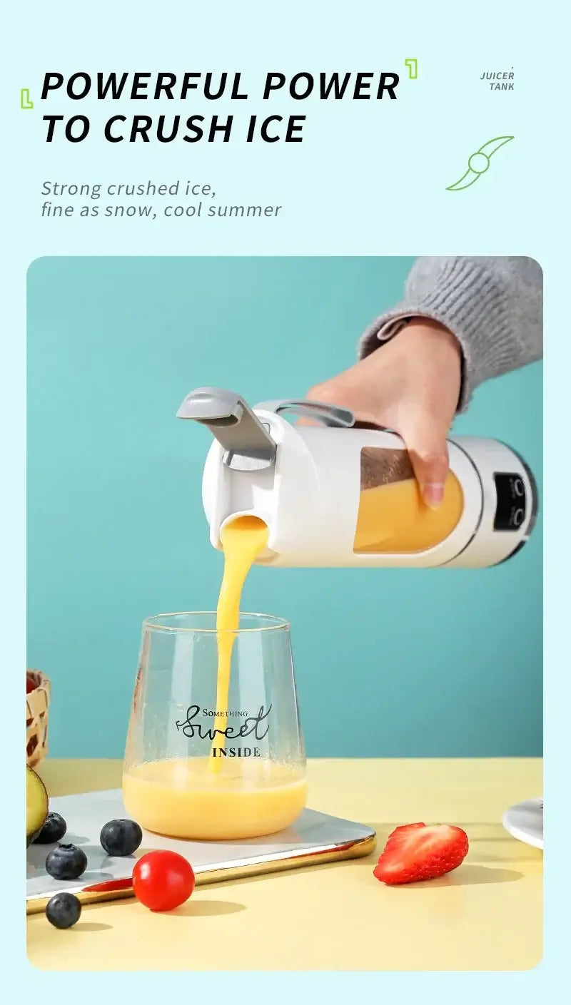 Mini portable electric juicer pouring fresh orange juice into a glass with fruits nearby, showcasing ice-crushing power.