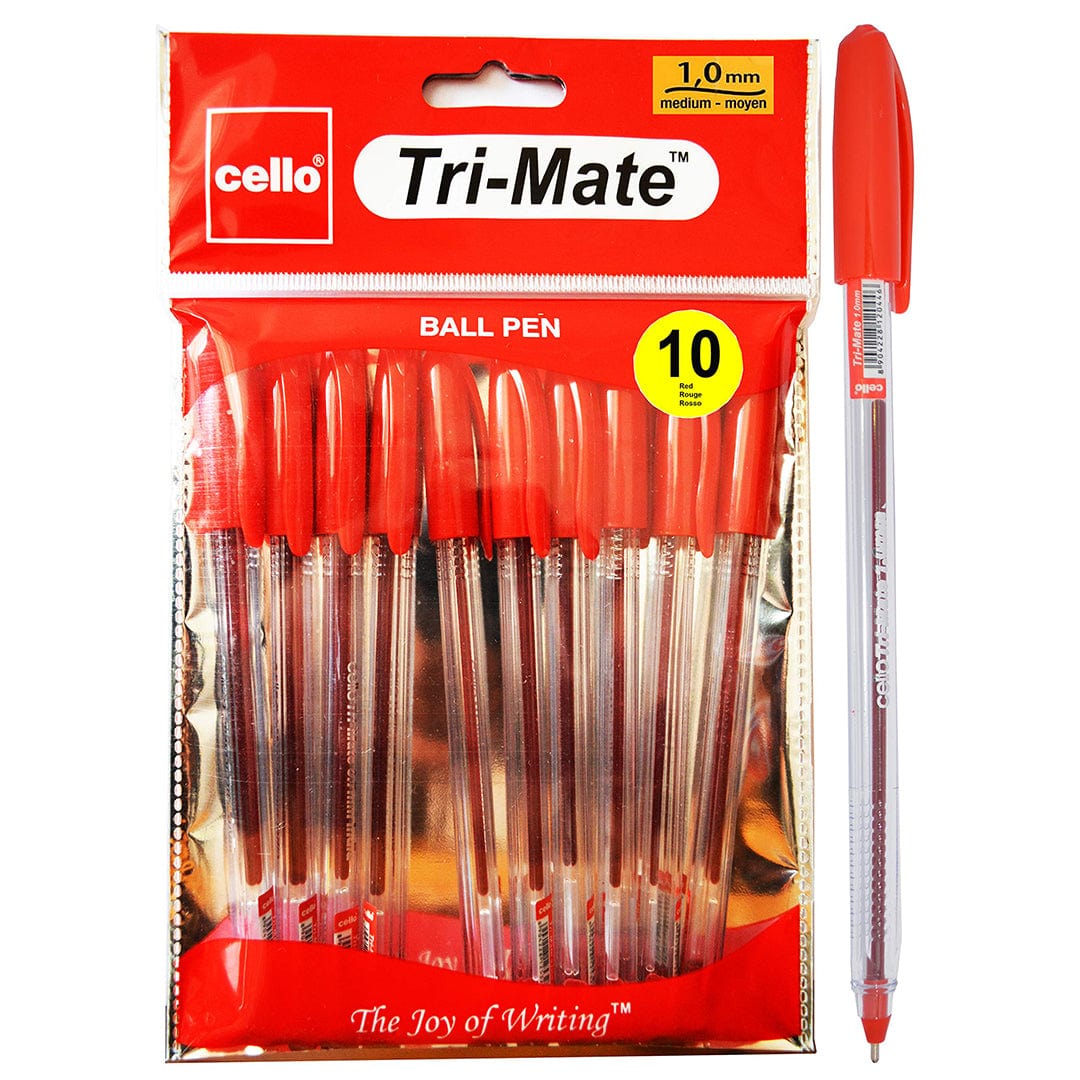 Cello Original Tri - Mate Triangular Barrel Ballpoint Pen, 1.0mm, Red, Pack of 10 - Infinity Market