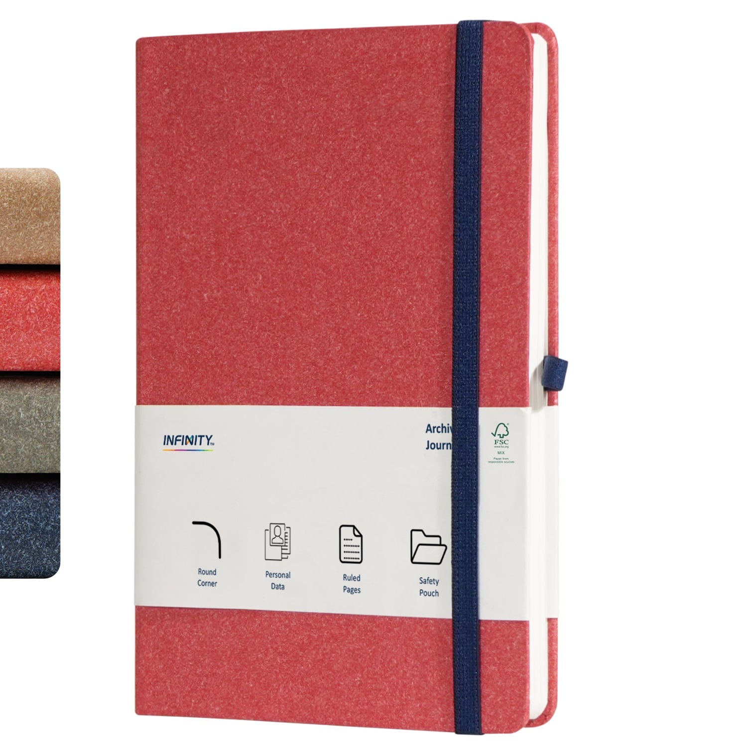 Infinity A5 Archive Ruled Paper Notebook with Lined Pages, Pen Loop, Ribbon, Date Marks and Paper Pocket, Medium Hardback Journal, 224 Pages Note, Sustainably Sourced paper Red - Infinity Market