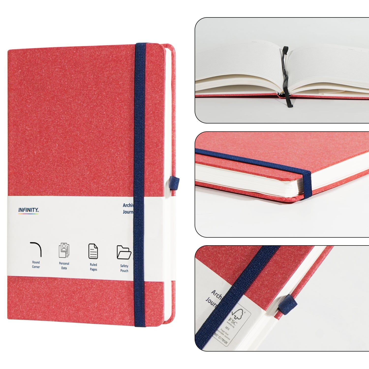Infinity A5 Archive Ruled Paper Notebook with Lined Pages, Pen Loop, Ribbon, Date Marks and Paper Pocket, Medium Hardback Journal, 224 Pages Note, Sustainably Sourced paper Red - Infinity Market