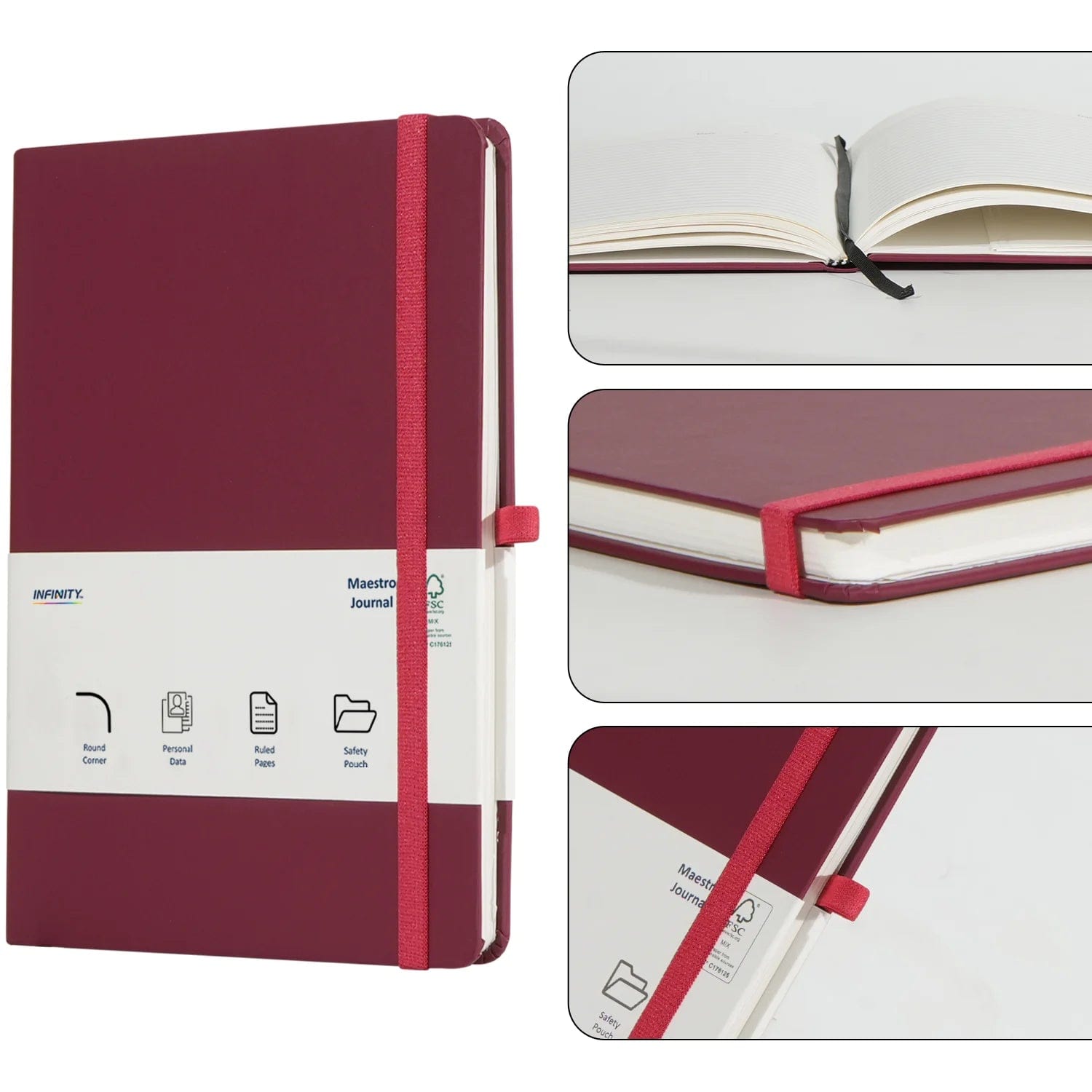 Infinity A5 Maestro Journal Notebook with Lined Pages, Pen Loop, Ribbon, Date Marks and Paper Pocket, Medium Hardback Journal, 160 Pages Note, Sustainably Sourced paper Maroon - Infinity Market