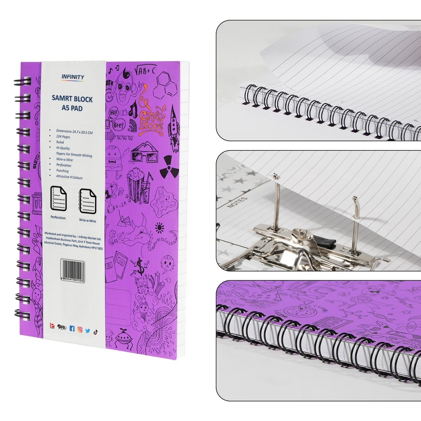 Infinity A5 Smart Block Lined Wirebound Notebook Spiral Journal Notebook, 224 Pages Purple - Infinity Market