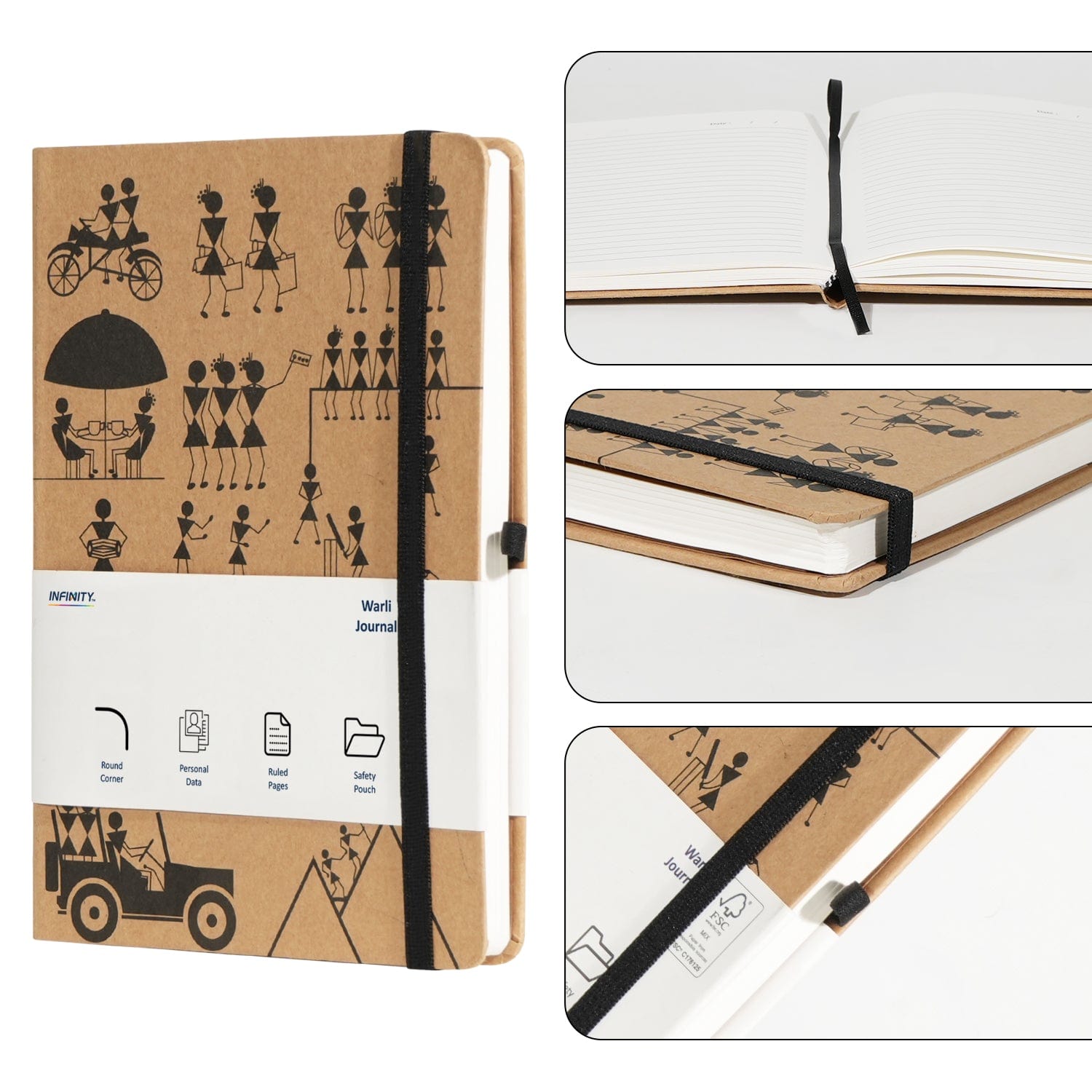 Infinity A5 Warli Art Hardcover Executive Journal Notebook with Lined Pages, Pen Loop, Ribbon, Date Marks and Paper Pocket, Medium Hardback Journal, 224 Pages Note, Sustainably Sourced paper - Infinity Market