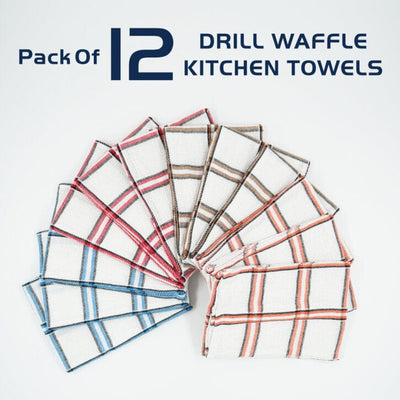Infinity Drill Check Waffle Large Absorbent Cotton Kitchen Towels, Pack of 12 - Infinity Market