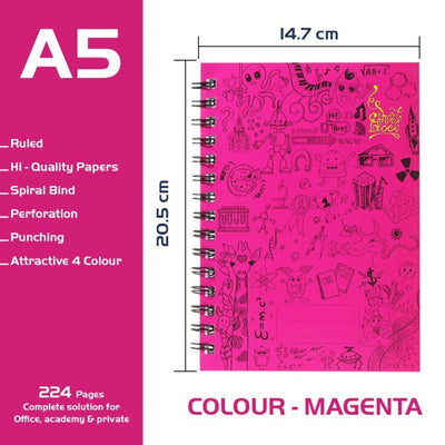 Infinity Lined Spiral Journal Notebook, Smart Block Notebook Wire Spiral Notebook, Durable Hardcover College Ruled Note Pad, 224 Pages Writing Pad, Notepads for Office Work (6, Magenta)