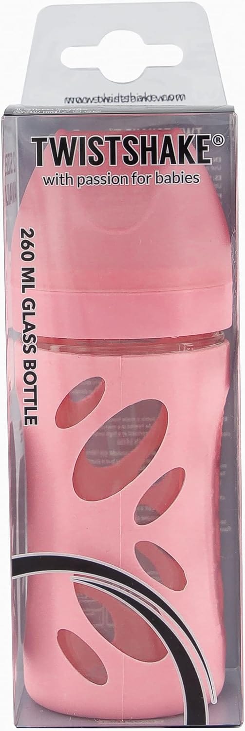 Twistshake Anti Colic Glass Baby Bottle, Infant Feeding Bottle, BPA Free, 260 ml, 2+ Months, Pastel Pink - Infinity Market